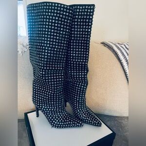 Studded Black Knee-High Stiletto Boots -